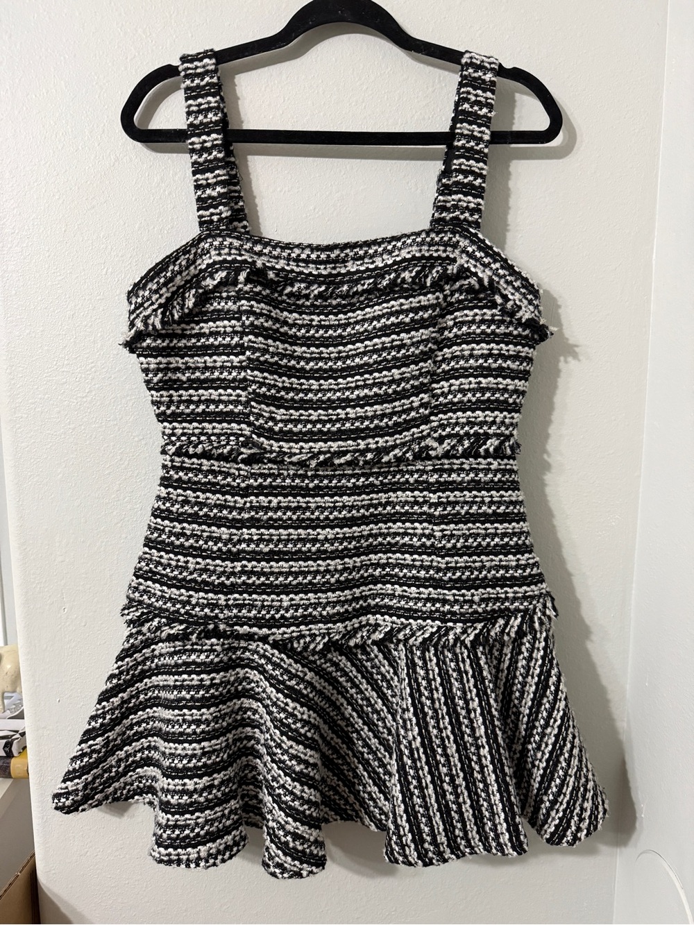 MustardSeed Black White Striped Tweed Mini Dress Fringe Detail Flare Skirt L NWT